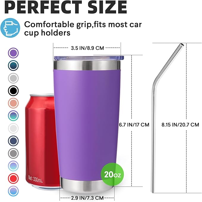 Volhoply 20oz Stainless Steel Tumbler with Lid and Straw,Double Wall Insulated Travel Iced Coffee Mug Fits Car Cup Holder,Powder Coated Cups for Hot and Cold Drinks,Gifts for Women Men（Purple,1 Set）