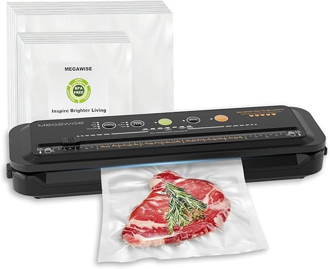 MEGAWISE Food Vacuum Sealer w/Starter Kit with Accessory Hose for Wide and Regular Mouth Sealer, Compact Design with 10 Vacuum Bags & Built-in Cutter