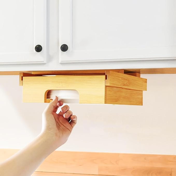 Paper Plate Dispenser - 9 inch Bamboo Paper Plate Dispenser Under Cabinet, Kitchen Counter Vertical Paper Plate Holder Organizer Countertop Caddy (Bamboo)