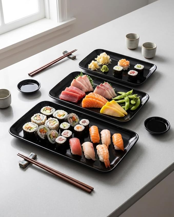 DELLING Large Serving Platter Set of 3, 16/14/12 Inch Porcelain Serving Trays for Party - Black Ceramic Rectangular Platters for Entertaining,Platter for Thanksgiving Christmas, Dishwasher Oven Safe