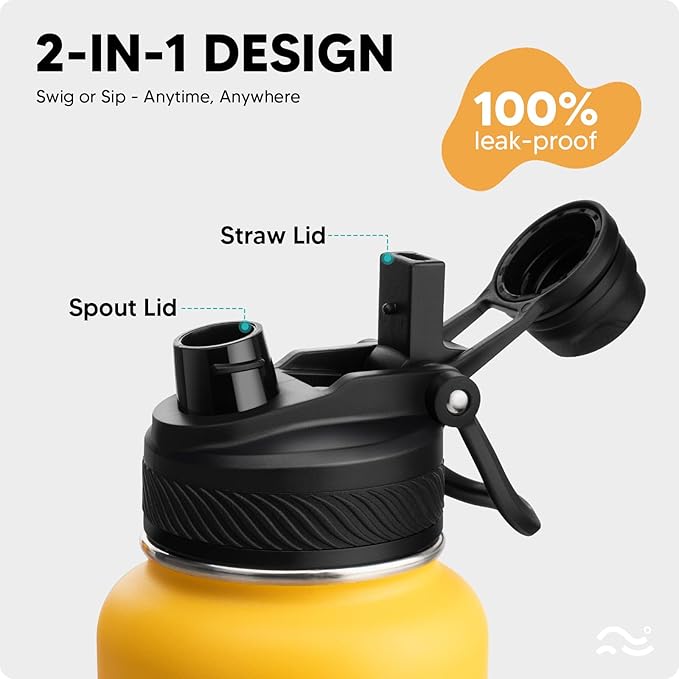 Swigina [2-IN-1 LID] Insulated Water Bottle with Silicone Boot (36hrs Cold/18hrs Hot) - DIY Stickers, Leakproof, BPA Free, 40 oz