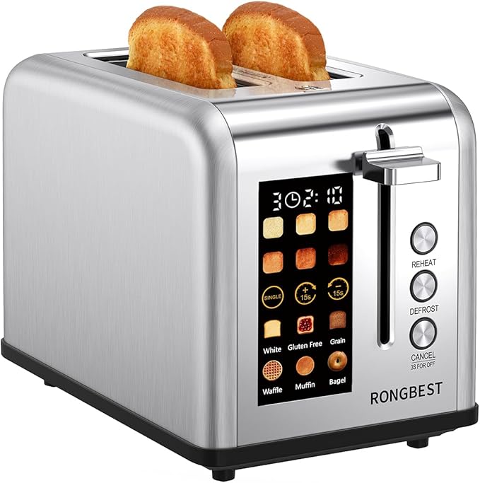 2 Slice Touch Screen Toaster with Wide Slots Stainless Steel Toasters Even Toasting for Bagels & Bread, Reheat & Defrost, Easy Removable Crumb Tray, Silver