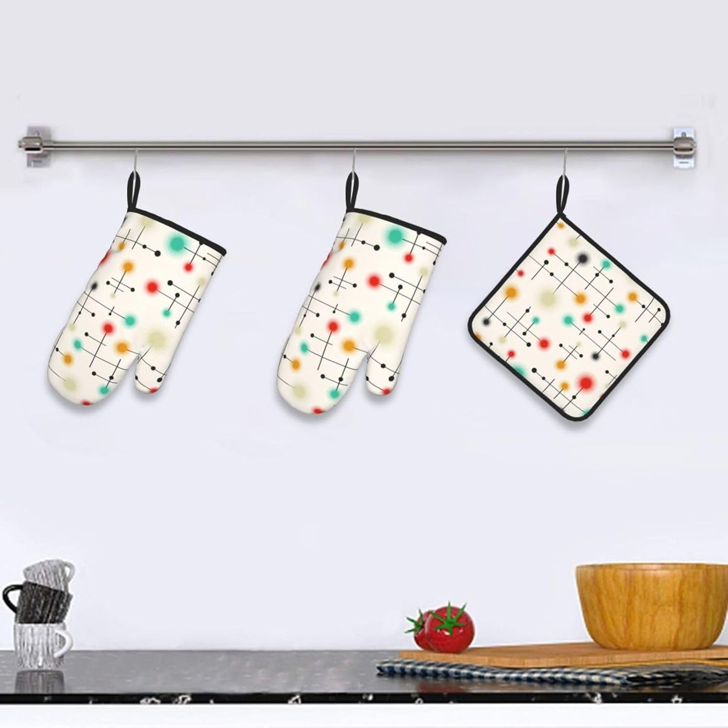 Mid Century Modern Oven Mitts and Pot Holders Sets of 3 Heat Resistant Non Slip Retro Kitchen Gloves Hot Pads for Cooking BBQ Grilling Baking