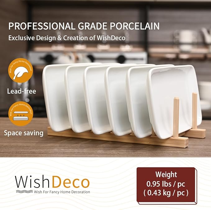 WishDeco Small Rectangle Plates Set of 6, White Serving Platters 9 inch, Ceramic Sushi Plates, Serving Plate for Appetizer, Dessert, Party, Microwave Safe