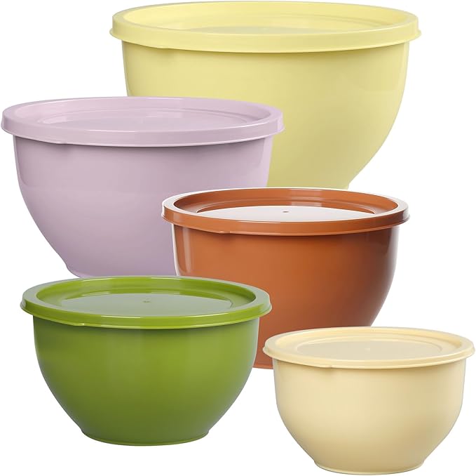 Greentainer Plastic Mixing Bowls with Lids Set for Kitchen, 5 Set Nesting Bowls for Mixing, Baking, Prepping, Cooking and Serving Food, Mixing Bowls Dishwasher, Microwave Safe