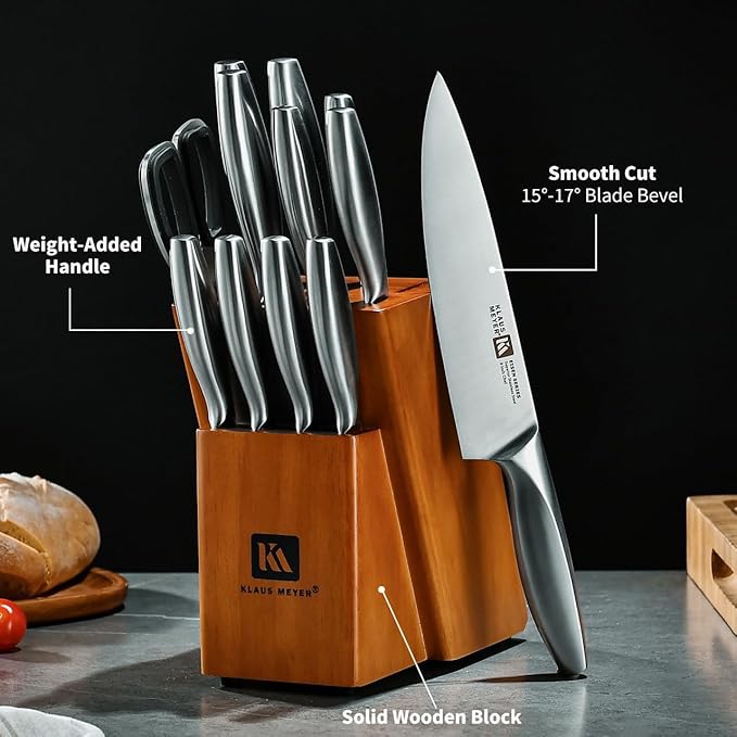 Klaus Meyer 13-Piece Kitchen Knife Set With Block, High Carbon Stainless Steel and Non-Slip Handles. Rust Proof And Dishwasher Safe Cutlery