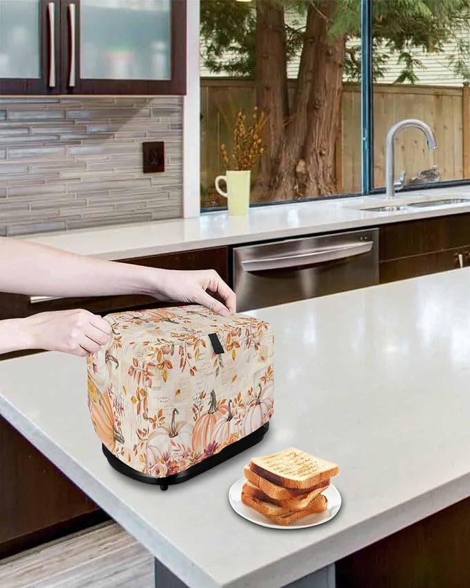 Pink Orange Pumpkins Fall Toaster Cover 4 Slice, Thanksgiving Leaves Dustproof Bakeware Oven Protector with Top Hook, Autumn Floral Waterproof Small Kitchen Appliance Toasters Dust Cover, 12"x11"x8"