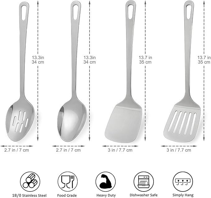 Cooking Utensils Set 4pcs - Stainless Steel Kitchen Utensils, Heavy Duty Metal Utensils Set with Stainless Steel Spatula Set Wok Spatula, Serving Spoons, Ergonomic Handle and Dishwasher Safe
