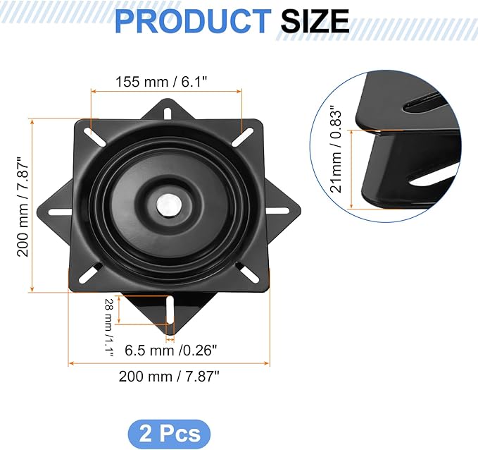 uxcell 2Pcs 8" Bar Stool Swivel Replacement, 360° Rotation Lazy Susan Turntable, Square Ball Bearing Seat Swivel Base Mount Plate for Recliner Chair or Table, Black (200x1.5mm)