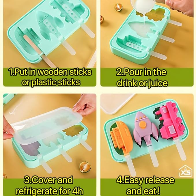 3 Pcs Cute Silicone Ice Cube Mold Set For Toddlers and Kids, BPA-Free Food Grade Ice Tray, Homemade Frozen Popsicle Maker Mold (3 PCS（dinosaur*1+airplane*1+car*1))