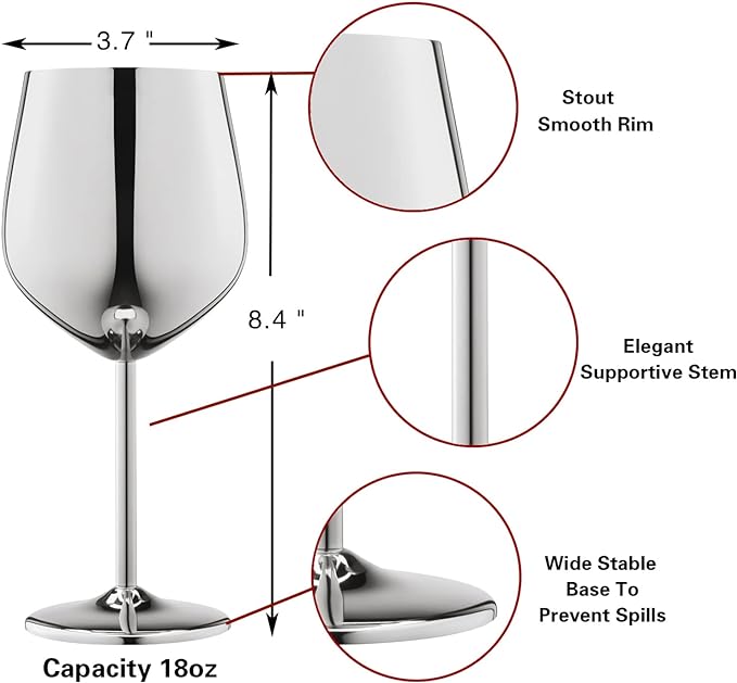 WOTOR Stainless Steel Wine Glasses Set of 4 with Wine Saver Vacuum Pump