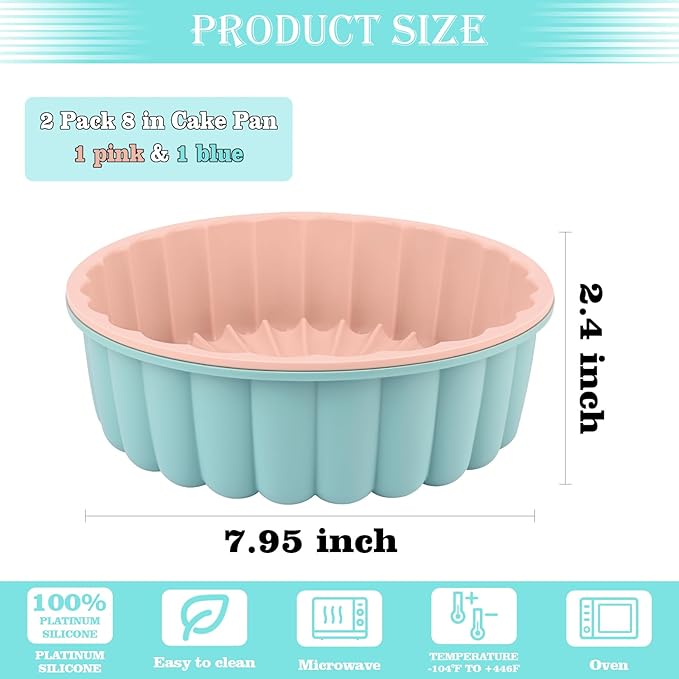 HUAKENER 2 Pcs Charlotte Cake Pan, 8 Inch Round Cake Pan, Nonstick Silicone Cake Molds for Cheese Cake, Chocolate Cake, Rainbow Cakes, Strawberry Shortcake, Brownie Tart Pie, Bule and Pink