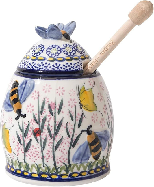 ZOOBEE 10oz Ceramic Honey Pot with Dipper and Lid, Handpainted Honey Dispenser with Bee-Themed, Dishwasher-safe Honey Jar for Kitchen-Lavender Allure