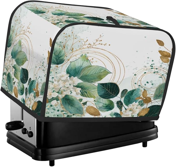 4 Slice Toaster Cover,Sage Green Eucalyptus Leaves Floral Gold Line Small Kitchen Appliance Bread Machine Cover with Pockets,Dust & Fingerprint Protection