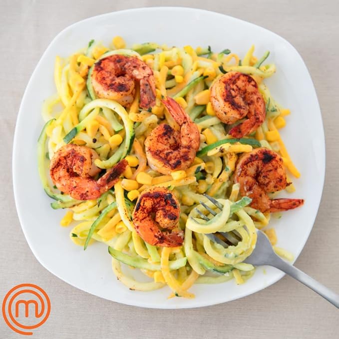 MasterChef Electric Spiralizer- 3-in-1 Vegetable Noodle Pasta Maker- Homemade Low Carb, Keto, Vegan, Gluten Free- Zoodle Zucchini Veggie Slicer & XL Hopper, FREE Recipes- Quick Healthy Meal Prep Gift