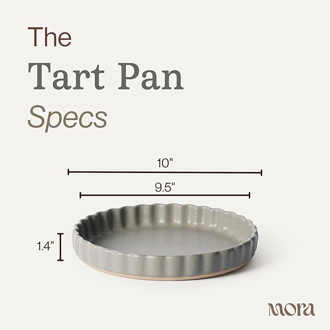 MORA Ceramic Tart Pan, 9.5 Inch Large Porcelain Baking Dish for Tarts, Quiche, Pie, Flan etc. Fluted Ruffled Edge, Oven, Microwave, Freezer, and Dishwasher safe - Great Gift For Bakers - Peppercorn