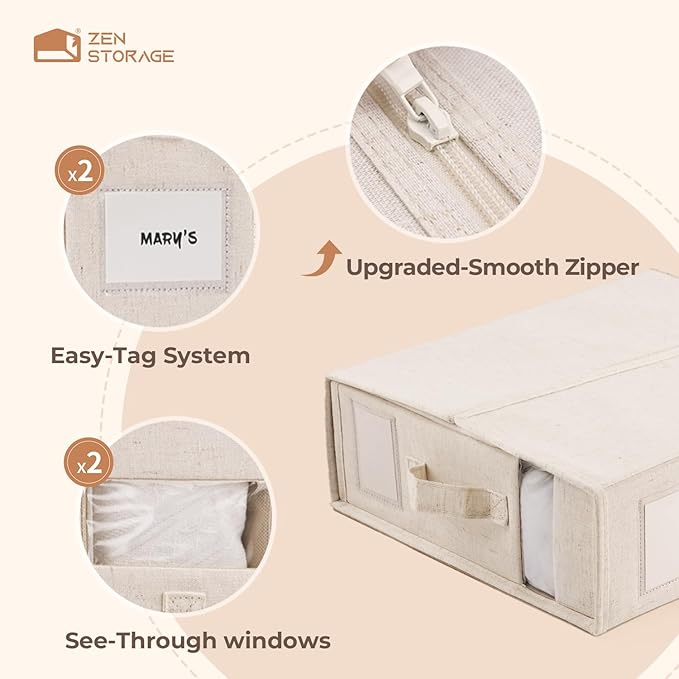 12Pack Linen Sheet Organizers for Linen Closet - King/Queen Size Bedding Storage Boxes with Clear Window | Foldable, Dustproof Sheet Storage Organizer for Blankets & Sheet Sets,Off-white