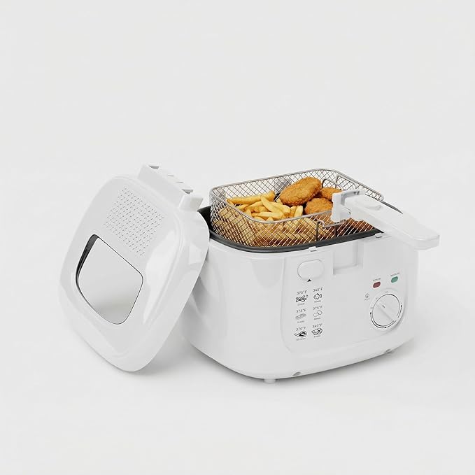 KEINVE 1500W Electric Deep Fryer with 3 Temperature Settings, 2.5L Oil Fryer with Non-Stick Basket & Viewing Window, Folding Handle and Locking Cover for Easy Storage, White
