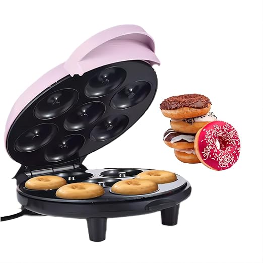 Donut Maker, Electric Non-Stick Surface Makes 7 Small Doughnuts Mini Donut Maker Machine, Mini Doughnut Maker Pancake Maker for Breakfast, Snacks, Desserts & More, Pink