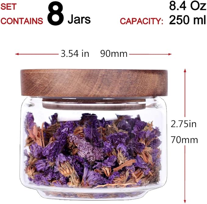 Tzerotone 8 Pcs Spice Containers - 8.5oz Glass Spice Jars With Acacia Airtight Lid and Labels - Stackable Empty Round Spice Bottles for kitchen Seasoning, coffee bean, tea, suger, herbs