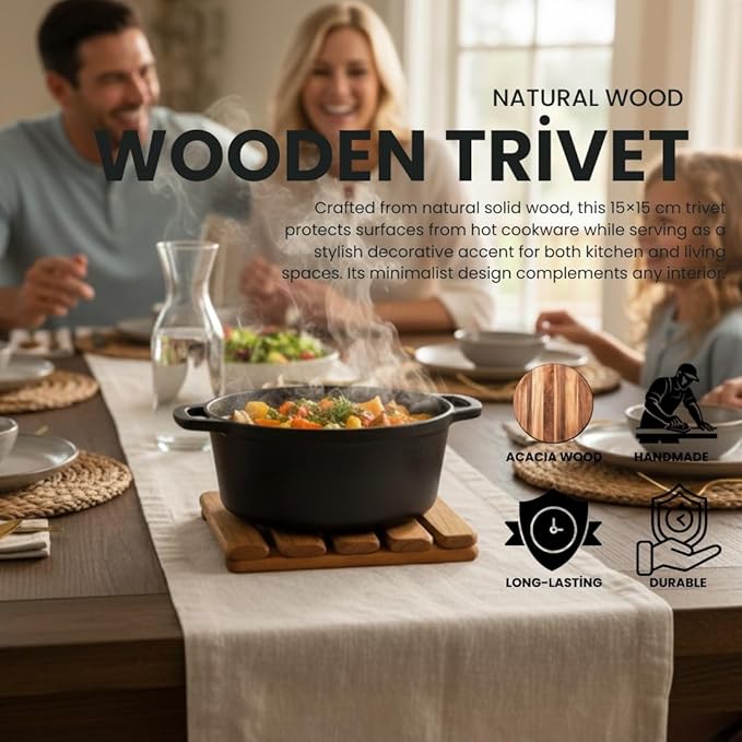 Wooden Trivet – Trivets for Hot Pots and Pans, 15×15 cm Heat Resistant Solid Acacia Wood, Durable Kitchen & Table Protector, Premium Handmade – LO-MAS