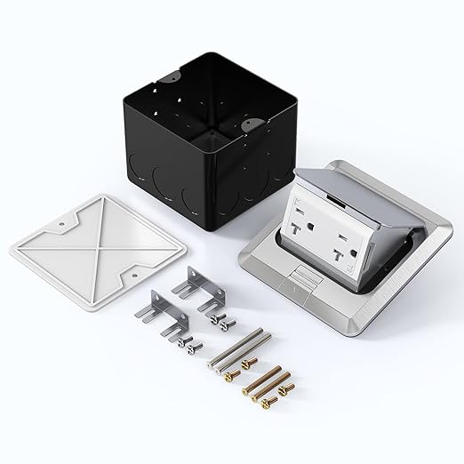 KYHSHJ Pop Up Floor Electrical Outlet Box Kit，20 Amp Stainless Steel TR Tamper-Resistant Duplex Receptacle Outlet， Corrosive Resistant Hardware，ETL Listed, Silver