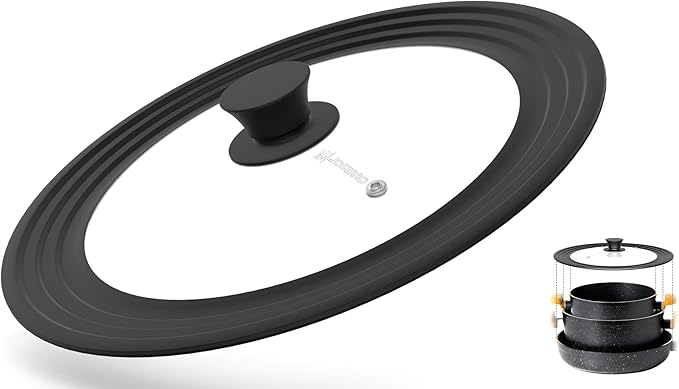 LSR Loreso Universal Pan Lid for Pots Pans and Skillets 10-11.5 Inch - Tempered Glass Pot Lid with Auto-Sizing Silicone Rim - Black