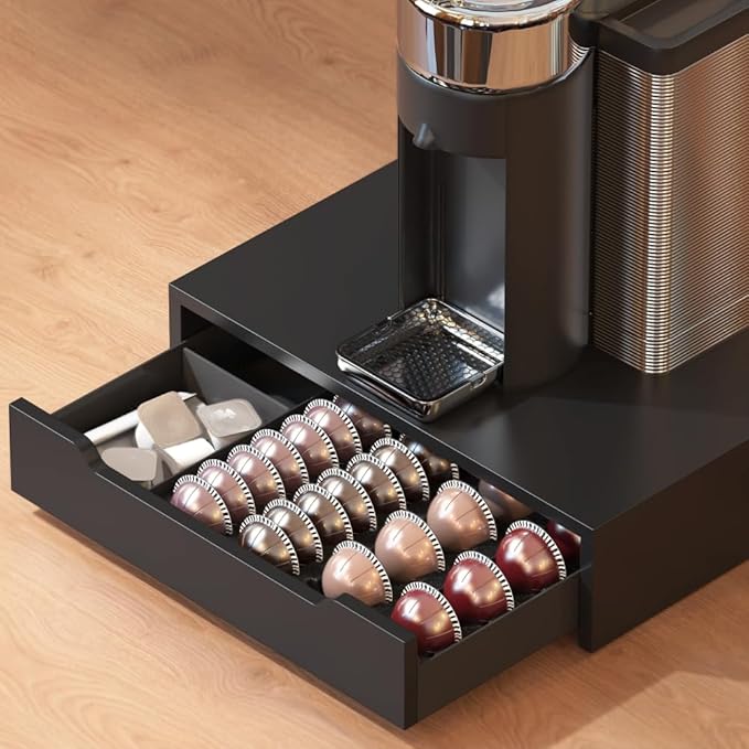 Deco Brothers Vertuoline Pod Holder Drawer with Adjustable Divider, Compatible with Nespresso 40 Small or 20 Large Capsules Coffee Bar Station, Wood Top Stand with Side Storage for Accessories, Black