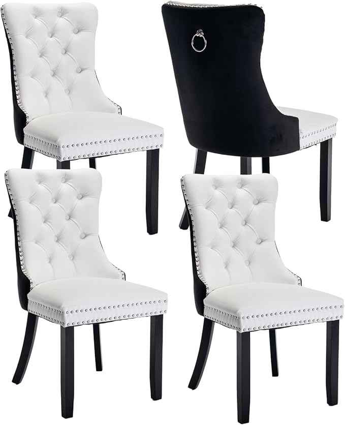Dining Room Chairs Set of 4, Upholstered Dining Chairs with Back Ring Pull Trim and Solid Wood Legs, Modern Tufted Kitchen Chairs for Dining Room, White Pu Leather Splicing Black Velvet
