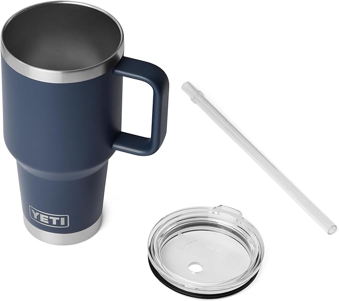 YETI Rambler 35 oz Straw Mug 2.0 - Double-Wall Vacuum Insulation for Cold Beverages – Dishwasher Safe – Cupholder Compatible – Reusable Straw – Comfortable Grip Handle – Travel Mug - Navy