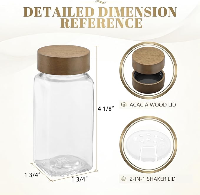 ZEHIQ 30Pcs 4oz Square Glass Spice Jars with Moisture-Proof Acacia Wood Lids, Food-Grade Seasoning Containers with Shaker Lids, 348 Labels, Markers, Funnel & Brush for Pantry Cabinet Drawer Storage