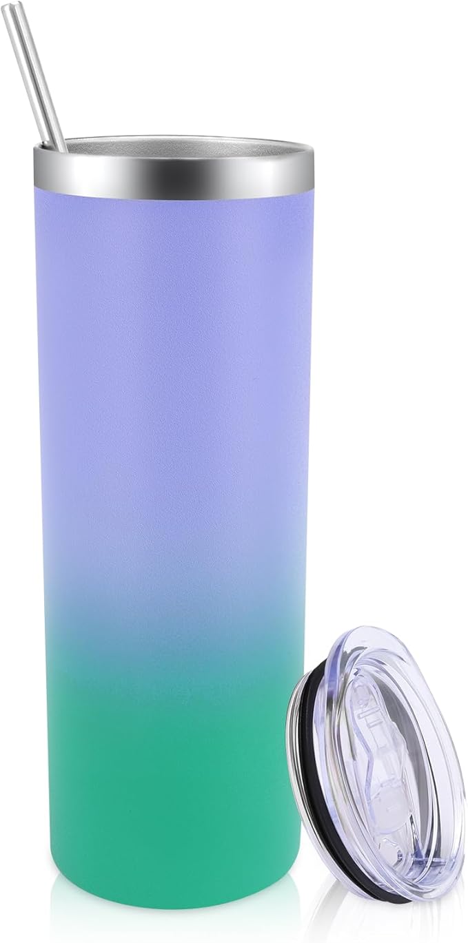 Volhoply 20 oz Skinny Tumbler with Lid and Straw, Stainless Steel Straight Tumblers Cup, Vacuum Insulated Coffee Mug for Home, Office, Travel, DIY (Purple Green,1 Pack)
