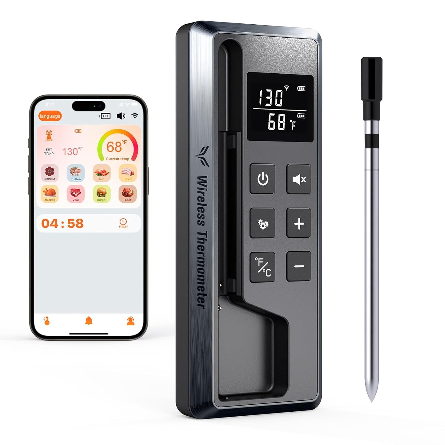 Meat Thermometer Digital Wireless, 800FT Long Range Bluetooth Cooking Thermometer, Food Thermometer for Remote Monitoring of Grill, Oven, Smoker, Air Fryer, Rotisserie, iOS & Android App