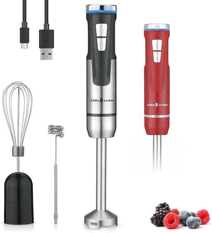 Liebe&Lecker Immersion Blender Handheld Cordless, 3 in 1 Cordless Hand Blender, 8 Speed Emulsion Blender Handheld with Whisk Milk Frother for Soup Smoothie