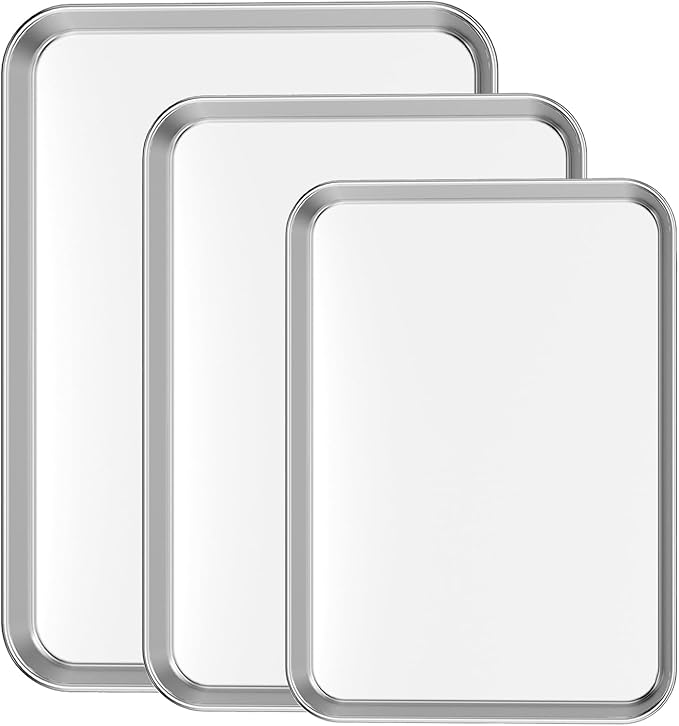 Cookie Sheet Baking Sheet Set of 3, Bastwe Commercial Grade Stainless Steel Baking Pan, Professional Bakeware Oven Tray, Healthy & Non-toxic, Rust Free & Mirror Finish, Easy Clean & Dishwasher Safe
