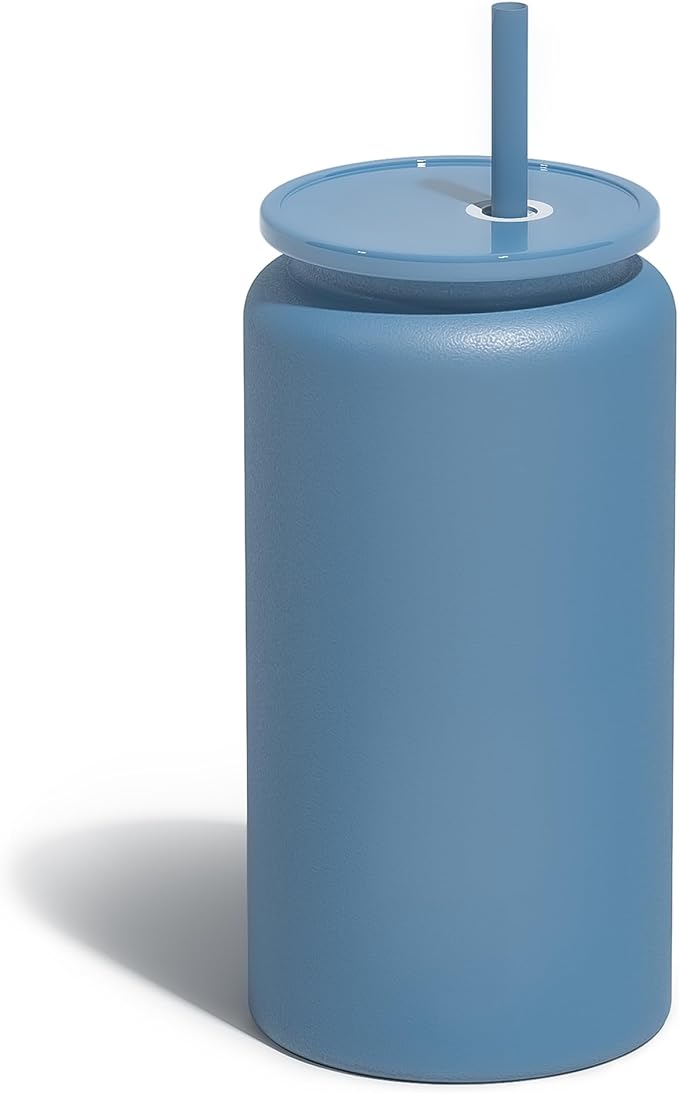 16oz Glass Cups With Lids and Straws, Stainless Steel Beer and Iced Coffee Cup, Smoothie Drinking Cup, Dark Blue (Textured Matte Finish, Not Sublimatable)