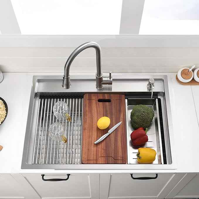 30 Inch Drop In Kitchen Sink Splash Guard Workstation - VOKIM 30 Inch Drop In Sink Stainless Steel Single Bowl 16 Gauge 10'' Deep Handmade Kitchen Sink with Cutting Board& Strainer