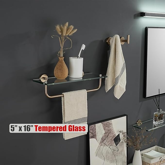 JQK Bathroom Glass Shelf, Shelf with 15 Inch Towel Bar Tempered Glass Shower Storage 16 by 5 inches, 304 Stainless Steel Champagne Bronze Wall Mount, TGS100L16-CB