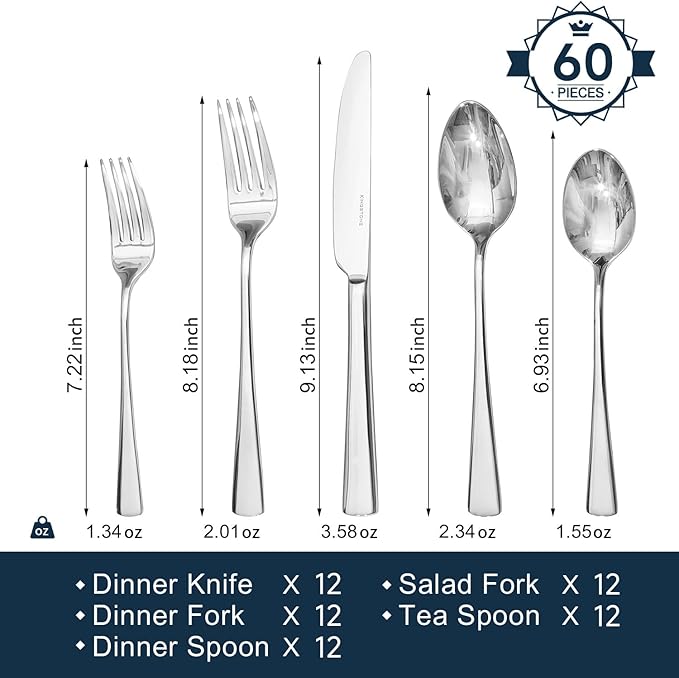 KINGSTONE Silverware Set for 12, 60-Piece Forged 18/10 Stainless Steel Flatware Set, Mirror Finish Cutlery Set Dishwasher Safe for Home, Restaurant, Wedding, Party, Gift