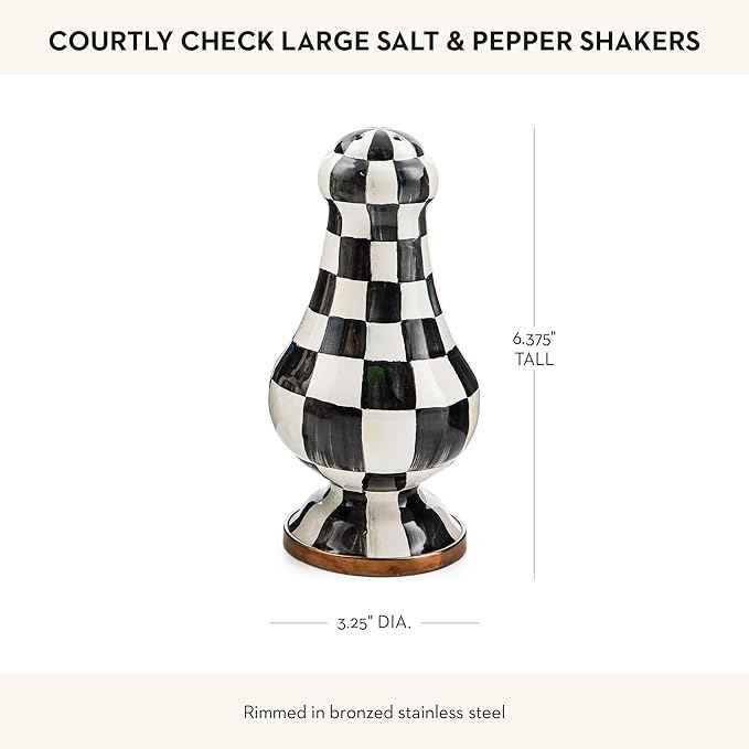 MACKENZIE-CHILDS Enamel Salt and Pepper Shakers, Kitchen Table Spice Shaker Set, Black-and-White Courtly Check, Large