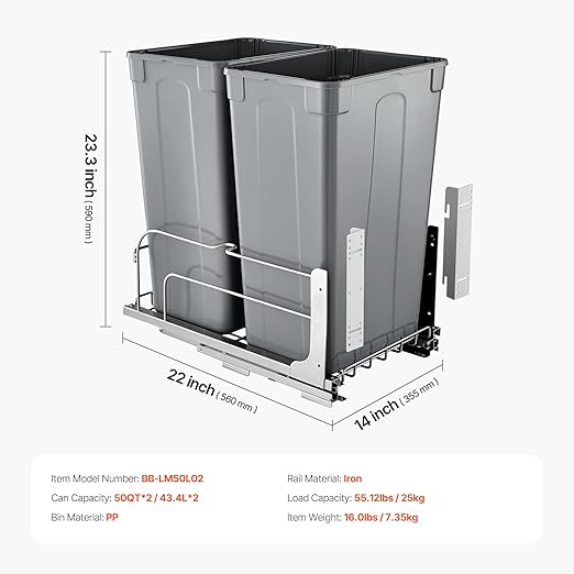 VEVOR Pull-Out Trash Can, 50 QT x2 Double Under Mount Kitchen Waste Container, Heavy Duty Garbage Recycling Bin with Door Kit and Soft Close Slide, for Kitchen Cabinet, Sink, Under Counter (Grey)