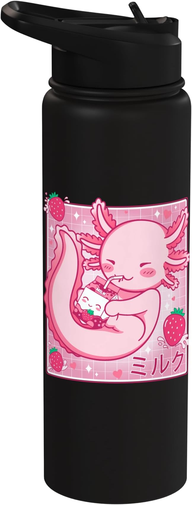 Kawaii Axolotl Strawberry Milk Shake Carton Japanese Anime Stainless Steel Insulated Water Bottle