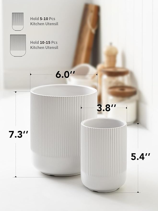 LE TAUCI Utensil Holder for Kitchen Counter, 7.3"+5.4" Fluted Ceramic Utensil Crock Organizer for Countertop, Heavy Large Holder for Spatulas, Spoons, Set of 2, White, Kitchen Counter Decor