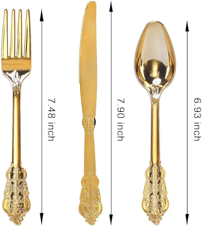 WDF 300 Pieces Gold Plastic Silverware Disposable - Heavy Duty Thanksgiving Plastic Cutlery - Gold Silverware Sets Includes 100 Forks, 100 Spoons, 100 Knives