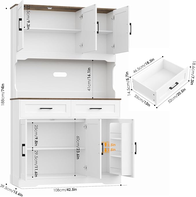FACBOTALL Tall Kitchen Pantry Cabinet, Farmhouse Food Pantry Cabinet with Doors and Adjustable Shelves, Kitchen Hutch with Countertop and Microwave Stand for Dining Room, Living Room, White