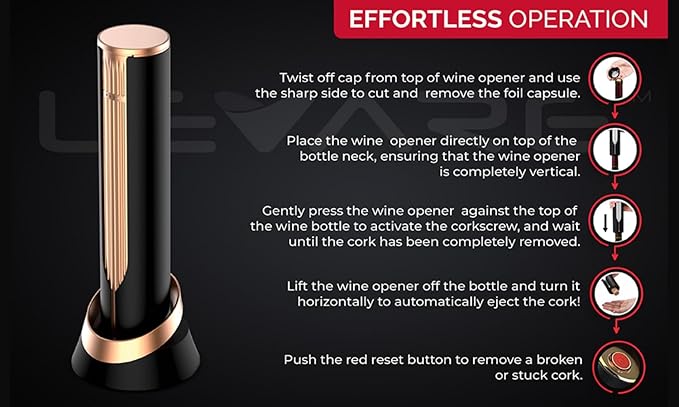 Levare - Electric Wine Bottle Opener, Rechargeable Automatic Cork Remover with USB Charging Base and Foil Cutter, Lithium Battery Powered, Ideal Gift for Wine Enthusiasts, Housewarmings, and Weddings