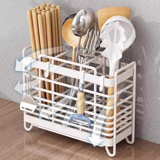 Utensil Holder Metal Hollow Out Kitchen Utensil Holder with 3 Compartments, Wall Mount/Countertop Utensil Drying Racks, White Utensil Caddy with Drain Tray and Hooks Cutlery Holder