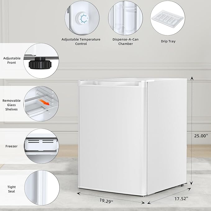 Antarctic Star 2.6 Cu.Ft.Compact Refrigerator with Freezer, Mini Fridge Single Door with Adjustable Thermostat,Removable Glass Shelves for Apartment,Dorm,Office,Kitchen，WHITE