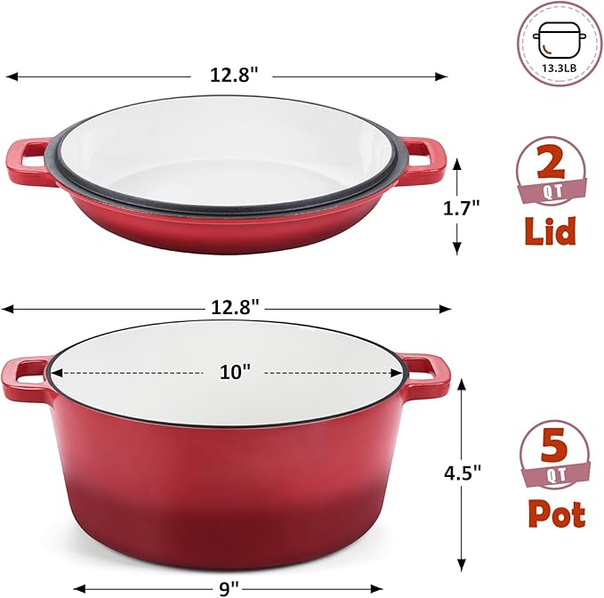 TeamFar 2-In-1 Enameled Cast Iron Dutch Oven, 5 Quart Dutch Oven Pot Cookware with Skillet Lid for Bread Baking Braising Stewing Roasting, Heavy-Duty & Nonstick, Oven Safe & Fit for Induction (Red)