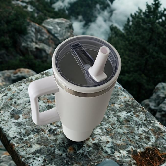 40oz Tumbler with Handle, Flip Straw, and Leak-Proof Lid – Stainless Steel Double Wall Insulated Travel Mug (Pure White)